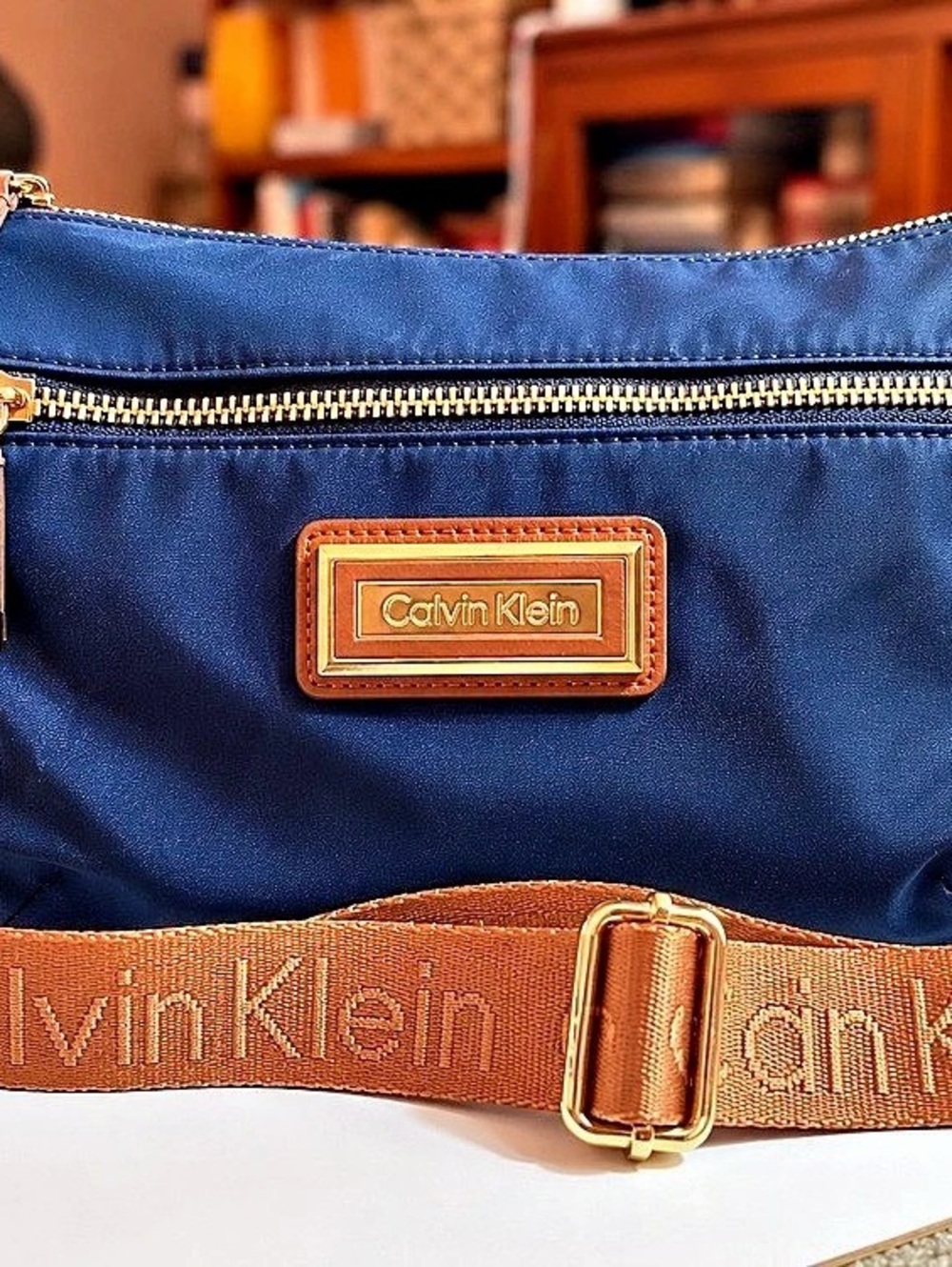 Calvin Klein Navy Crossbody Bag | Logo Strap | Gold Hardware